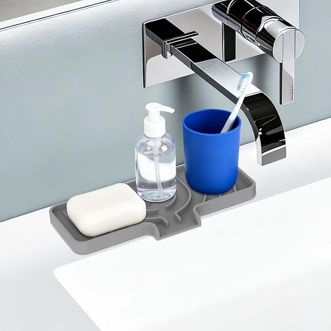 Silicone Sponge Holder for Kitchen Sink With Drain Spout, Self Draining, Kitchen Soap Tray, Bathroom Organizer, Sink Caddy, Perfect for Dispenser, Scrubber, Bottle, Cup on Counter-10"×4" (Grey)
