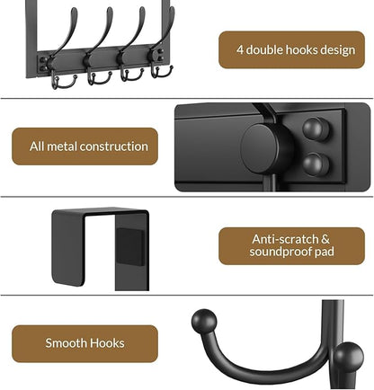 BAKON Over The Door Towel Rack with 4 Triple Hooks, Heavy Duty Over Door Hooks for Bathroom Closet Laundry Room Home Organizer, Door Hanger Coat Rack for Hanging Clothes Backpack Purse (1, Black)
