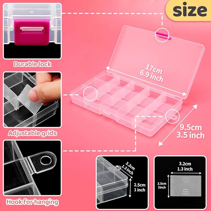 IOOLEEM 15 Grids Plastic Bead Organizer Box, Clear Organizer Container Storage Box, Adjustable Dividers for bead arts and crafts.(4 Pack)