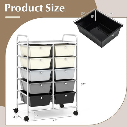 GOFLAME 10-Drawer Rolling Storage Cart, Art Craft Storage Organizer on Wheels, Multipurpose Movable Utility Cart for School, Office and Home, Grey Gradient