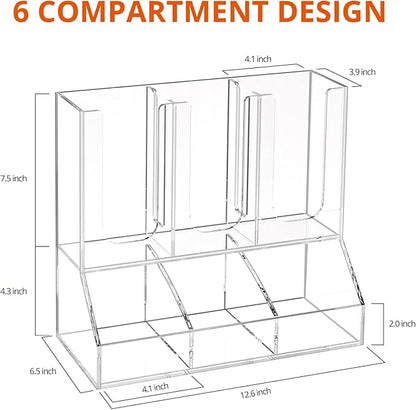Richboom Cup and Lid Organizer, 6 Compartments with 2 Removable Dividers Coffee Station Countertop Cup Dispenser Condiment Organizer Accessories Caddy for Breakroom, Office, Home - Clear