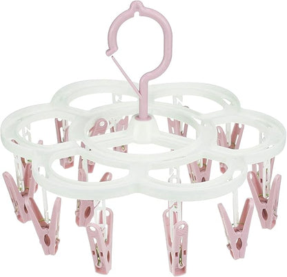 Clothespin Rack Laundry Drying Rack,Clothes Hangers with 16 Clips,Clip Hanger Drip Hanger for Drying Underwear,Baby Clothes,Socks,Bras,Towel,Pants,Hat,Scarf,Cloth Diapers,Gloves (Light Pink)