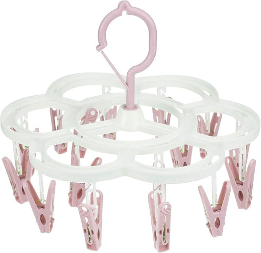 Clothespin Rack Laundry Drying Rack,Clothes Hangers with 16 Clips,Clip Hanger Drip Hanger for Drying Underwear,Baby Clothes,Socks,Bras,Towel,Pants,Hat,Scarf,Cloth Diapers,Gloves (Light Pink)