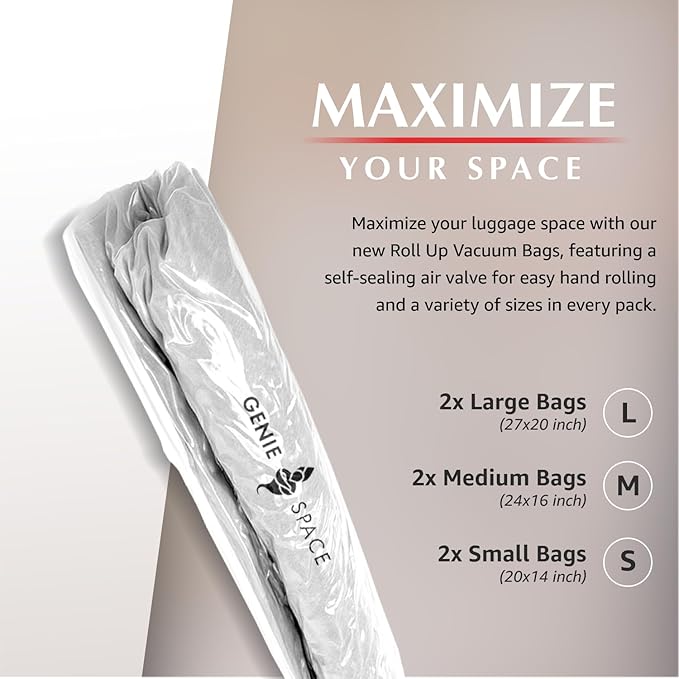 GENIE SPACE Roll-Up Compression Bags for Clothes – Airtight, Waterproof & Reusable Travel Space Saver Bags, No Pump Needed – Variety 6-Pack (2 Large, 2 Medium, 2 Small)