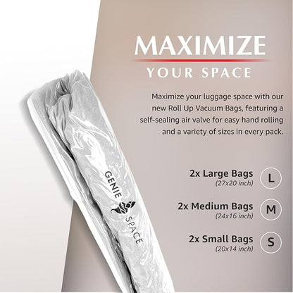 GENIE SPACE Roll-Up Compression Bags for Clothes – Airtight, Waterproof & Reusable Travel Space Saver Bags, No Pump Needed – Variety 6-Pack (2 Large, 2 Medium, 2 Small)