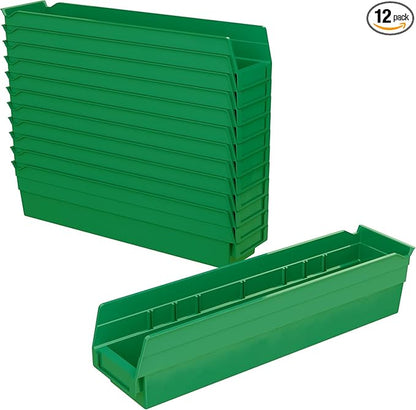 Akro-Mils 30128 Plastic Shelf Bins, Heavy Duty Storage Bins for Garage, Closet, and Drawer Organization, 18-Inch x 4-Inch x 4-Inch, Green, 12-Pack