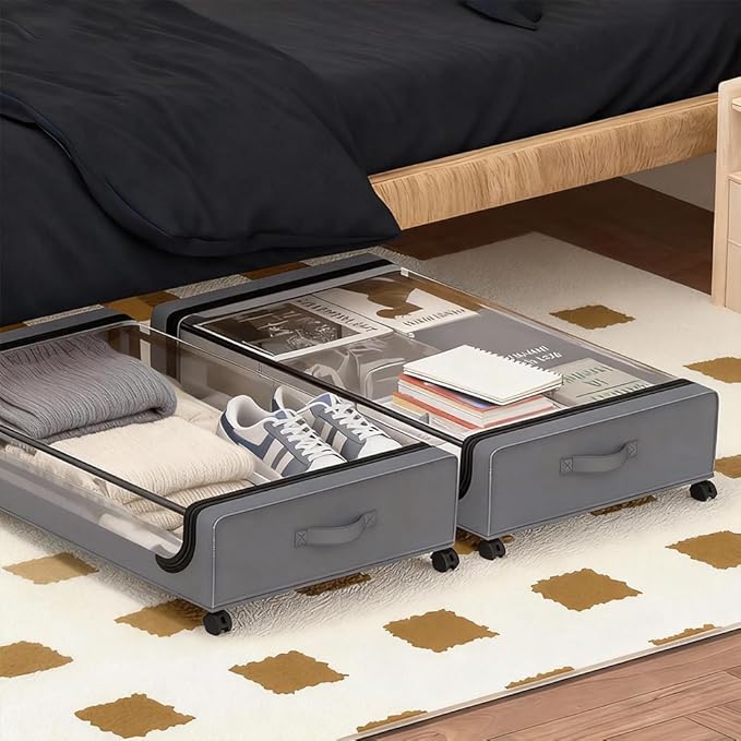 JALUNIVERSAL TRI Under Bed Storage with Wheels, 6.7'' Tall Underbed Storage Containers with Lids - Rolling Bins for Shoes Clothes Blankets (Grey, 2-Pack XXL)