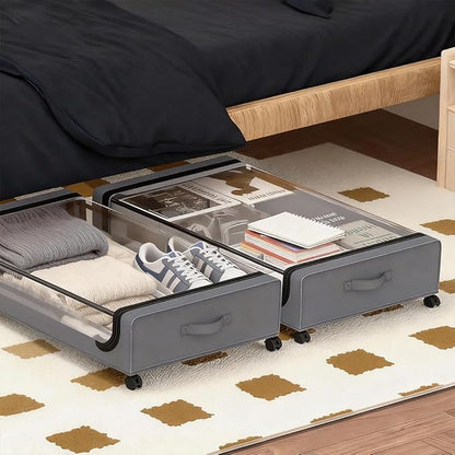 JALUNIVERSAL TRI Under Bed Storage with Wheels, 6.7'' Tall Underbed Storage Containers with Lids - Rolling Bins for Shoes Clothes Blankets (Grey, 2-Pack XXL)