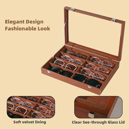 XHMQYC Glasses Holder Box Drawer Sunglass Organizer for Men Clear Wide Storage Case 8 Slots Multiple Reading Glasses Display, Brown Leather With Clear Glass Lid
