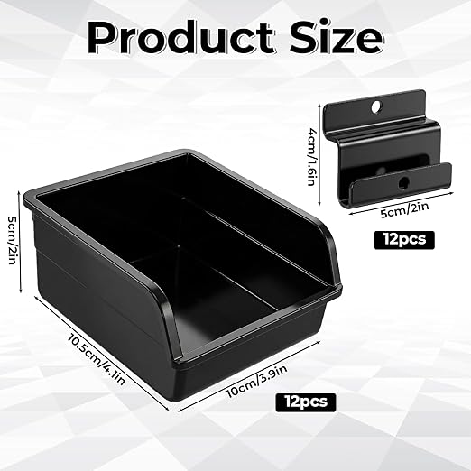 12 Pack Slatwall Bins, Slatwall Accessories Plastic Wall Mounted Storage Bins with Hooks Wall Storage Bin for Slat Walls Organizing Hardware, Garage, Craft Room, Tool Shed, Hobby Supplies