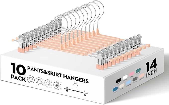 HWAJAN 10PACK 14Inch Pants Hangers with Clips Adjustable Skirt Hangers for Women Metal Non-Slip Trousers Hanger Heavy Duty Space Saving Clothes Hanger for Shorts,Jeans,Coral Pink