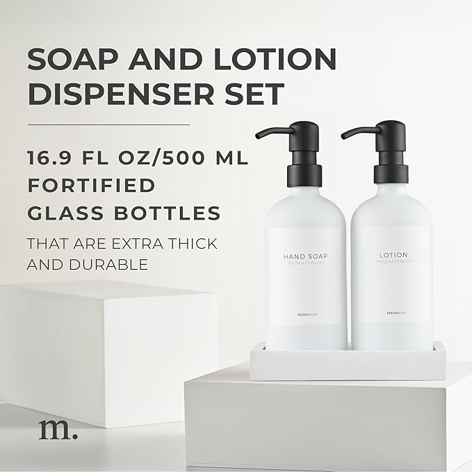 MaisoNovo Soap Dispenser 3-Piece Set | 16.9oz White Bottles Black Plastic Pumps with Ceramic Tray