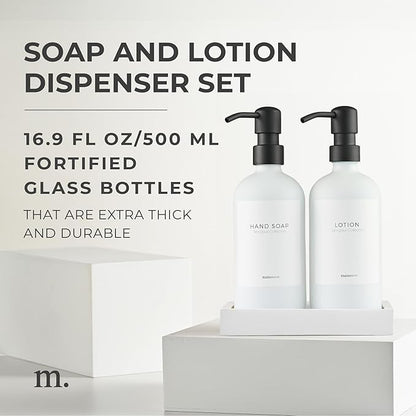 MaisoNovo Soap Dispenser 3-Piece Set | 16.9oz White Bottles Black Plastic Pumps with Ceramic Tray