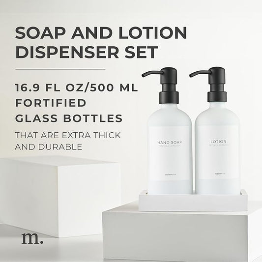 MaisoNovo Soap Dispenser 3-Piece Set | 16.9oz White Bottles Black Plastic Pumps with Ceramic Tray