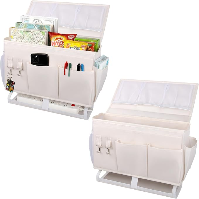 NINTHFIT Bedside Caddy for Dorm Bed Bedside Organizer, Bedside Storage with 10 Pockets and Power Strip Holder, Multifunctional Bedside Pocket for Home, College, Dorm, Bunk/Hospital/Crib Bed (Beige)