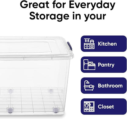 Superio Storage Bins with Lids- Clear Boxes for Organizing, Stackable Plastic Containers- BPA Free, Non-Toxic, Odor Free, Organizer for Home, Office, Dorm (6 Pack, 85 Qt (Wheeled))