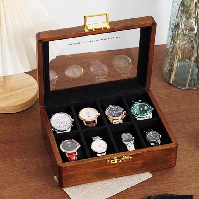 Bescott Solid Wood Watch Box 8 Slots With Glass Lid Walnut Collection Case For Men Women Luxury Wooden Display Organizer Storage Holder