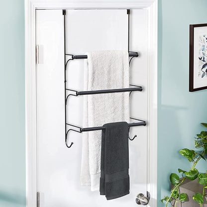 Auledio Adjustable Over The Door Triple Towel Rack with Hooks,Black