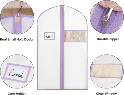 Syeeiex 40" Suit Bag(Set of 8), Garment Bags for Hanging Clothes, Suit Bags for Closet Storage, Garment Bags for Suits, T-shirts, Jackets, Coats, Business Wear(White & Purple)