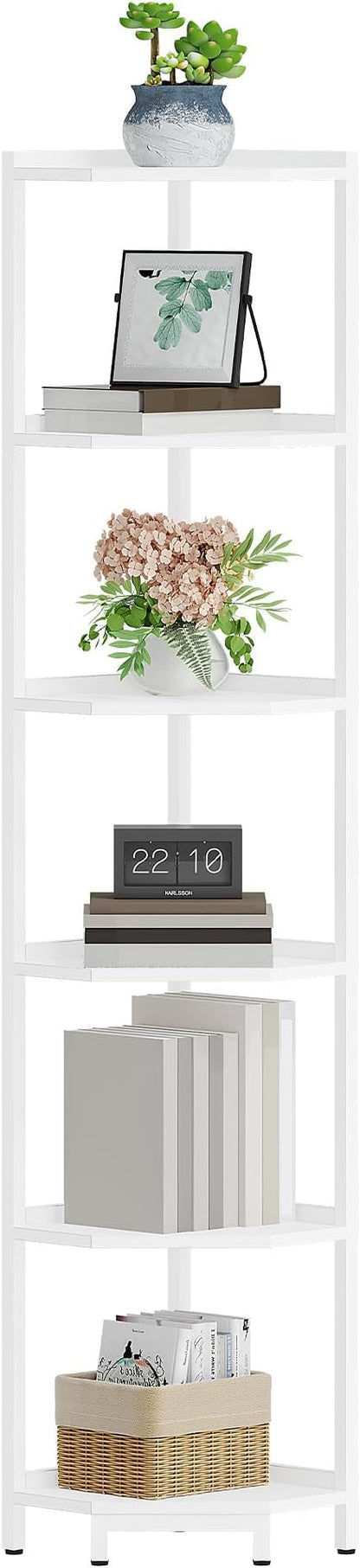 Corner Shelf Stand, Corner Bookshelf, Storage Standing Shelf Unit with Metal Frame, Plant Stand, Bookcase for Living Room, Home Office, Bedroom, 6-Tier White CS06013W