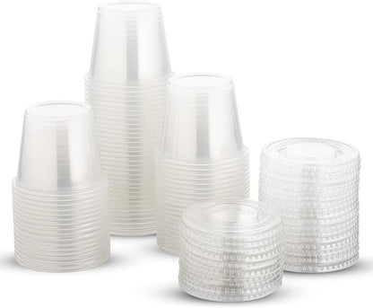 DuraHome Plastic Portion Cups with Lids 4 oz. & 5.5oz. Combo Pack of 150 Leakproof Jello Cup Mini Containers for Salad Dressing Sauce Condiment Snack Souffle and Salsa, Disposable, Interchangeable