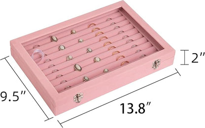 Frebeauty Rings/Earrings Organizer Tray with Clear Lid 10 Slots Velvet Drawer Insert Jewelry Storage box Transparent Glass lid Jewelry Display Case Showcase Gift for Girls Women (Pink, 10 Slots)