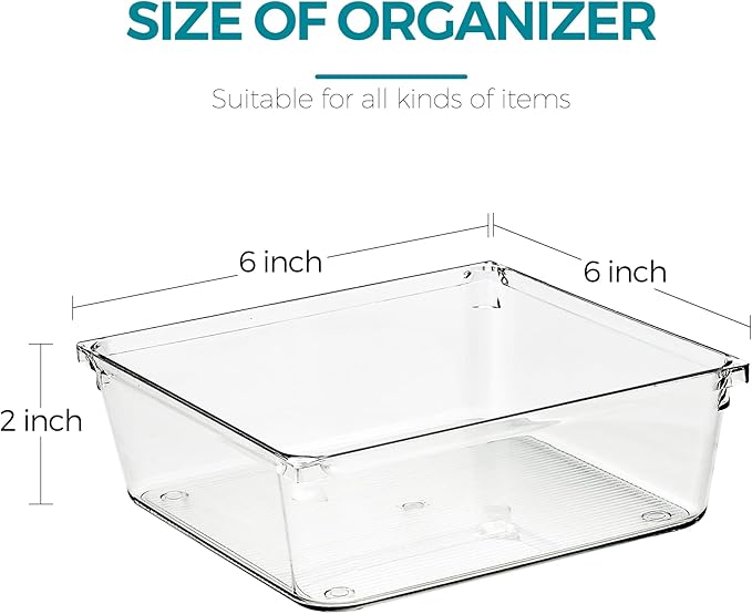 Ravinte Decor 4 Pack Drawer Organizer - 6" X 6" Clear Acrylic Storage Bins with Non-Slip Pads, Versatile Desk Tray for Makeup, Jewelry, Kitchen, Bathroom, and Office Organization