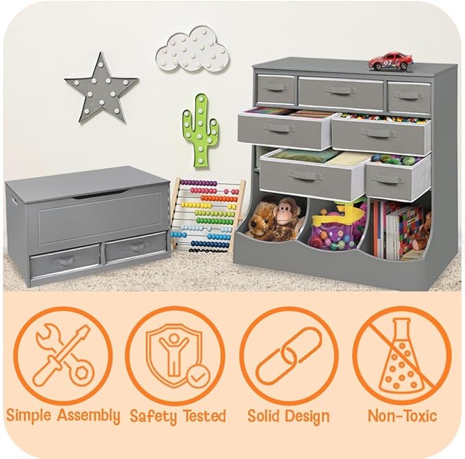 Badger Basket Toy Box and Storage Bench - Chest and Seat Combo with 2 Reversible Baskets, Safety Hinge Lid - Kids Toy Organizer for Playroom or Bedroom - Gray