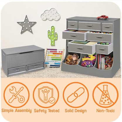Badger Basket Bench-Top Wooden Toy Box in Gray – Safe Storage Chest with Dual Safety Hinges, Side Handles, and Front Slot