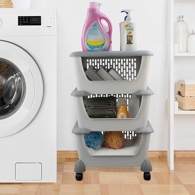 Asking Gray Plastic Kitchen Stackable Storage Basket, 3-Tier Stacking Organizer Basket with Wheeles