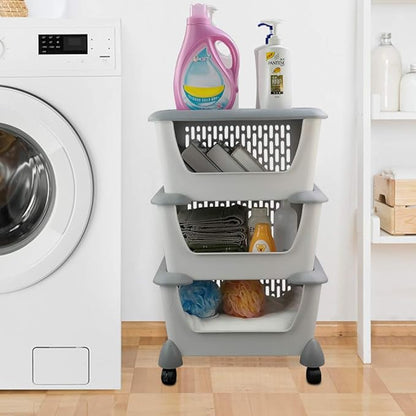 Asking Gray Plastic Kitchen Stackable Storage Basket, 3-Tier Stacking Organizer Basket with Wheeles