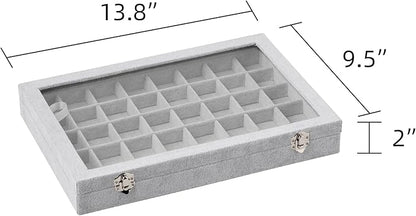 Frebeauty 40 Grid Jewelry Tray,Adjustable Earring Holder Organizer with Glass Lid,Velvet Drawer Jewelry Organizer for Rings,Studs,13.8 x 9.5 x 2 Inches Jewelry Display Box,Gift for Women(Grey)