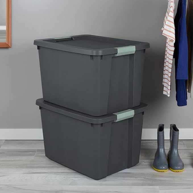 Sterilite 6 Pack 20 Gallon Latch Tote, Stackable Plastic Storage Bin Container, Gray/Green