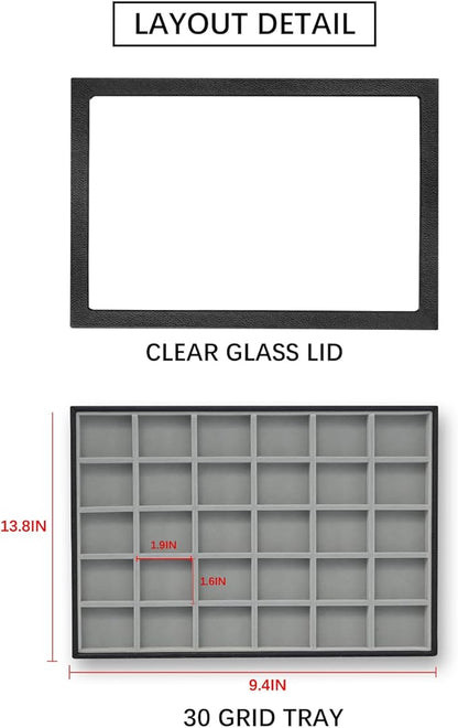 Wudygirl Jewelry Organizer 30 Grid Jewelry Tray with Lid Earring Holder Organizer for Women Ring Earring Bracelet Holder Storage (Pu Black Gray)