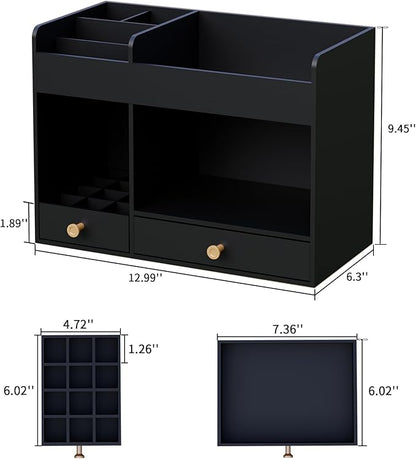LONTAI Bamboo Makeup Organizer with Drawers, Cosmetic Storage for Lipstick Organizer Beauty Holder Skincare Organizer for Dresser Vanity Bathroom Countertop, No Assembly Required (Black)