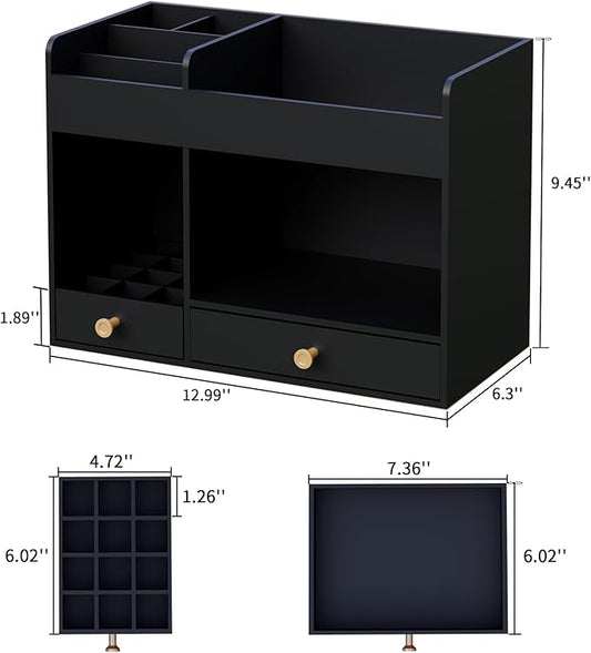 LONTAI Bamboo Makeup Organizer with Drawers, Cosmetic Storage for Lipstick Organizer Beauty Holder Skincare Organizer for Dresser Vanity Bathroom Countertop, No Assembly Required (Black)