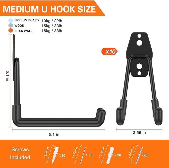 Heavy Duty Garage Hooks 10 Pack, 5.1 inch Medium U Shaped Hanger, Wall Mounted Storage System, Power and Garden Tool Organizer, for Hanging Ladders, Hose, Bulk Items and More