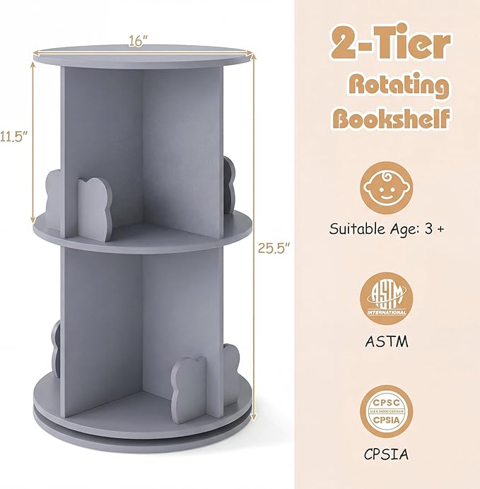 Costzon Kids Rotating Bookshelf, 2 Tier Small Book Shelf with Bookends, 360° Display Spinning Bookshelf Tower, Corner Bookshelf for Small Space, Kids Room, Bedroom, Nursery (Grey)