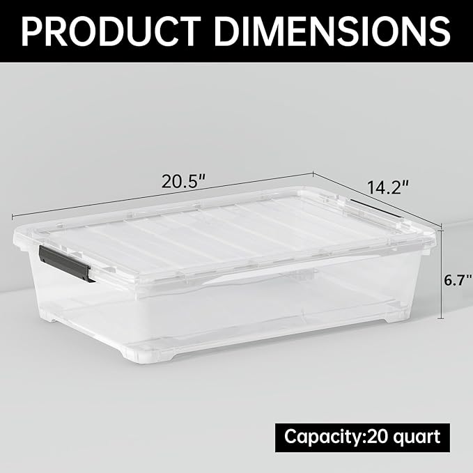 Tyminin 4 Pack 20-Quart Under Bed Storage Box with Wheels, Rolling Underbed Storage Containers Organizer with Latch Lids, Clear
