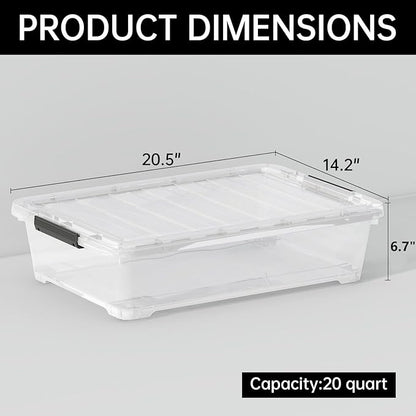 Tyminin 4 Pack 20-Quart Under Bed Storage Box with Wheels, Rolling Underbed Storage Containers Organizer with Latch Lids, Clear