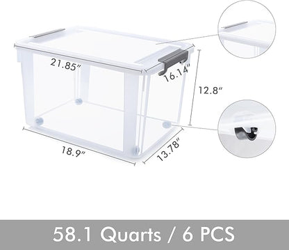 Citylife 6 Packs 58.1 QT Plastic Storage Bins with Lids Large Stackable Storage Containers for Organizing Clear Storage Box for Garage, Closet, Kitchen