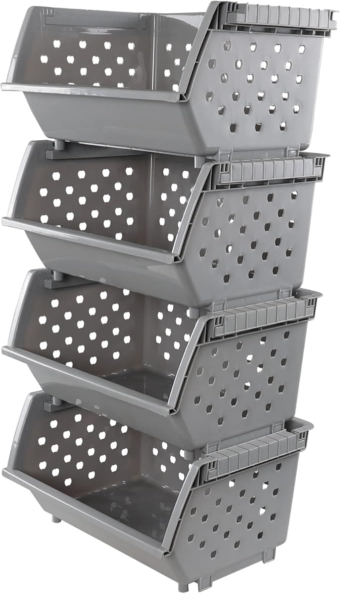 4 Pack Stackable Storage Basket, Large Stacking Baskets
