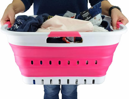 SAMMART 30L (8 gallon) Collapsible 3 Handled Plastic Laundry Basket - Foldable Pop Up Storage Container/Organizer - Portable Washing Tub - Space Saving Hamper/Basket (White/Rose Pink)