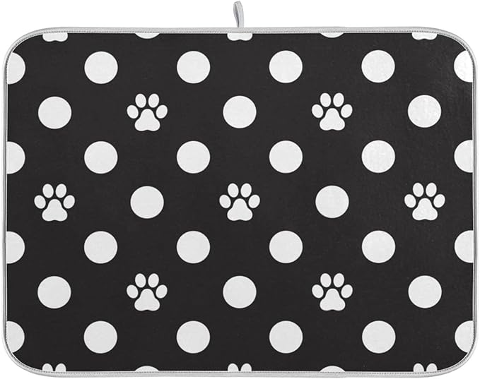 ZzWwR Cat Paw Dog Paw Foot Print Dots Absorbent Dish Drying Mat Large Microfiber Kitchen Countertop Table Protector Multi-Purpose Counter Rack Sink Drainer Pad (16" x 18")