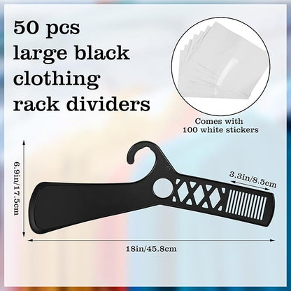50 Pcs Large Closet Dividers and 100 Pcs White Blank Cards 18 Inch Clothing Rack Size Dividers for Hanging Clothes, Black Garment Rack Tag for Clothes Organization