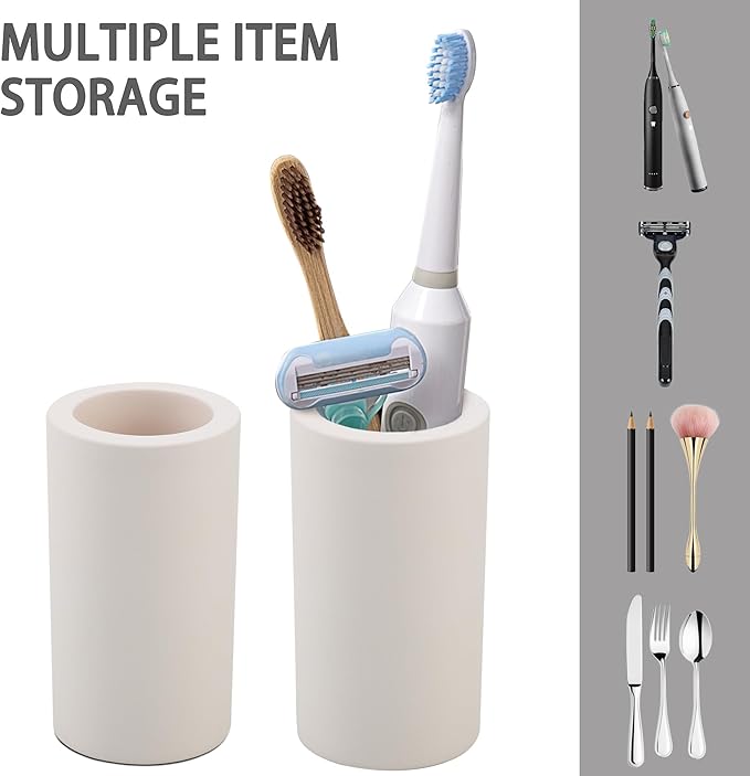 Coengwui 2Pcs Diatomite Toothbrush Holder for Bathroom Sink, Countertop Organizer, Quick Dry Stand Cup for Toothpaste, Razors, Makeup Brushes - Water-Absorbent & Quick-Drying (Beige, Height 4.3")