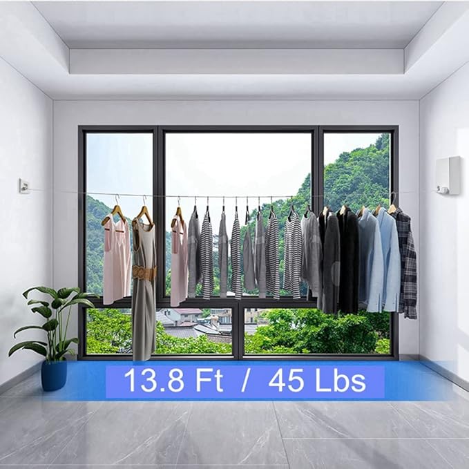 Retractable Clothesline Clothes Line Retracting Outdoor/Indoor, Heavy Duty Stainless Steel Adjustable Drying Rope Wire Dryer with ABS case+Aluminum, Self Adhesive Wall Mount 13.8 Feets Pink
