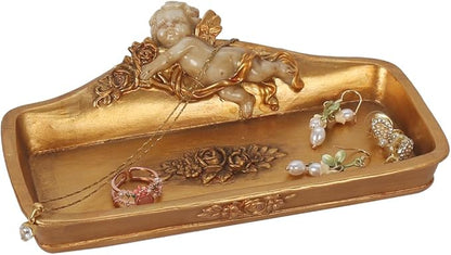 S-MANTIS Vintage Tray Antique Trinket Dish, Small Rectangular, Ring Holder With Cherub and Floral Design,Jewelry Or Cosmetics Makeup Storage Organizer,Gift,Aesthetic Room Decor (Ivory and Gold-Cherub)