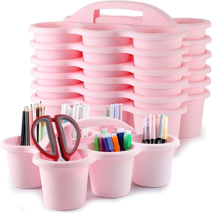 6 Pack Classroom Caddy with Handle Plastic Storage Caddy Organizer with 6 Compartments Drink Cup Caddies Holder Portable Storage Bin for Pencil, Crayon, Marker, Home, Office, School Supplies(Pink)