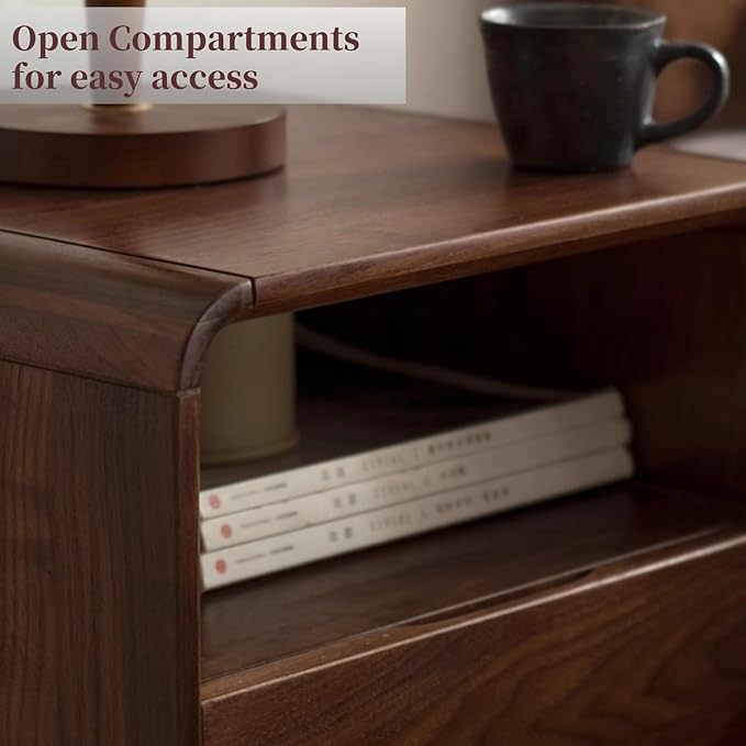 Vadisun Walnut Nightstand Set of 2, Solid Wood Nightstand with Drawers & Open Storage Shelf, Mid Century Modern Nightstands, Wood End Table for Bedroom, (Dark Black Walnut, 23.23" H)